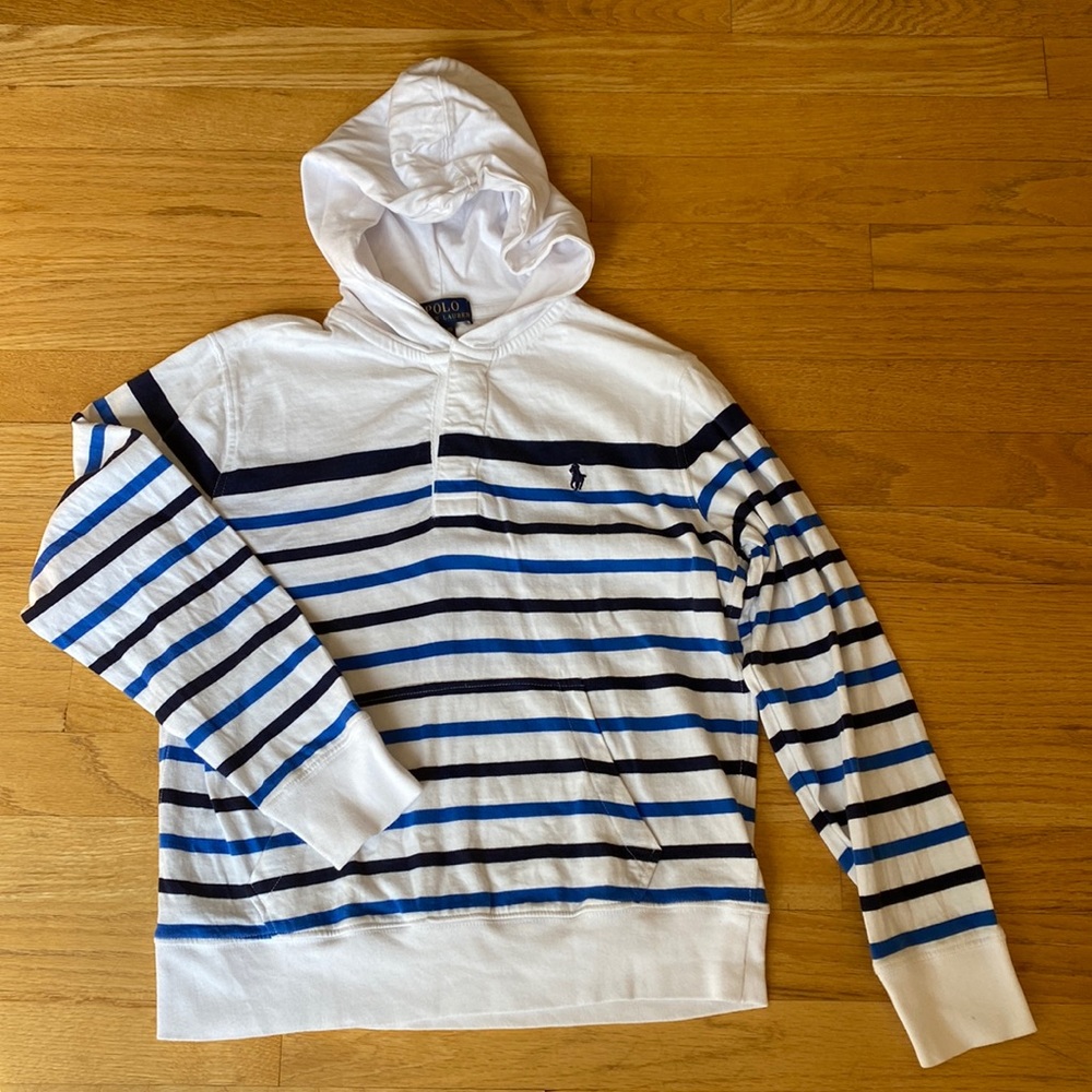 Polo RL long sleeve tshirt hoodie, boys M(10-12). White w blue stripes, grt cond